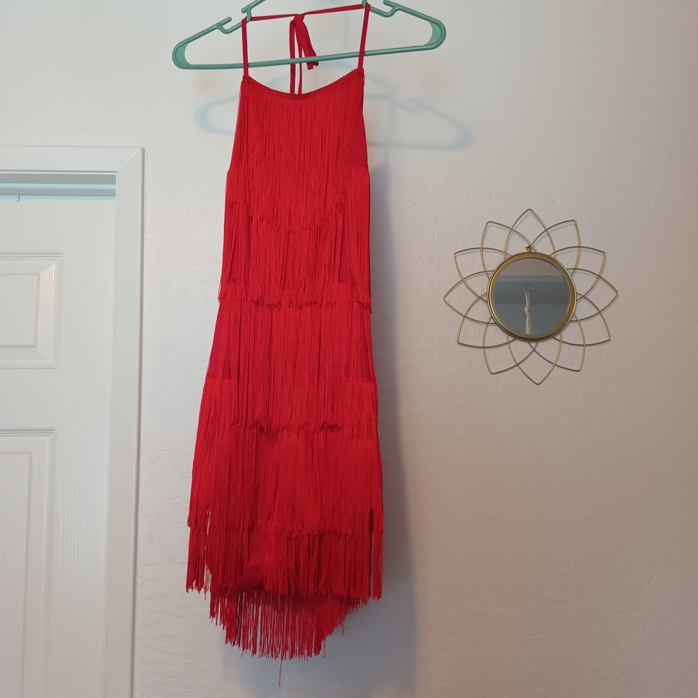 Red Tiered Fringe Halter Romper Party Festival Dance Small/Medium